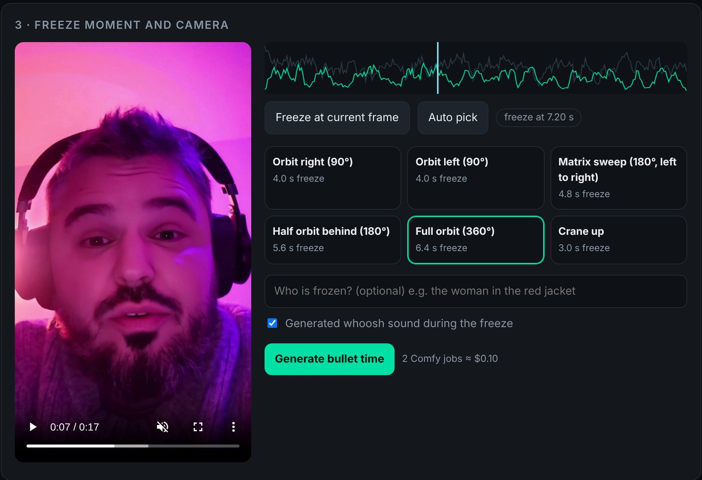 The Bullet Time web app: the take on the left, a motion graph with the freeze marker, the five camera arcs and the Generate button
